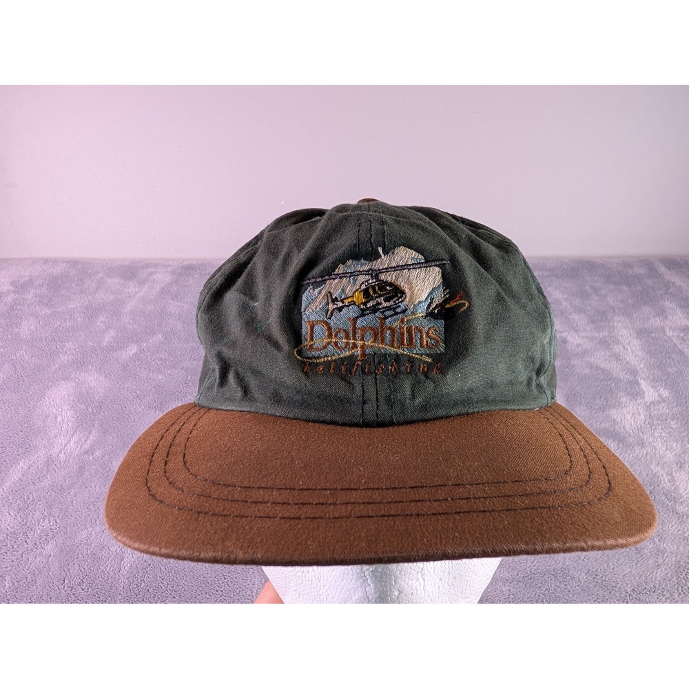 Vintage ATM Dolphins Helifishing Hat Green Brown Strapback Helicopter Fishing